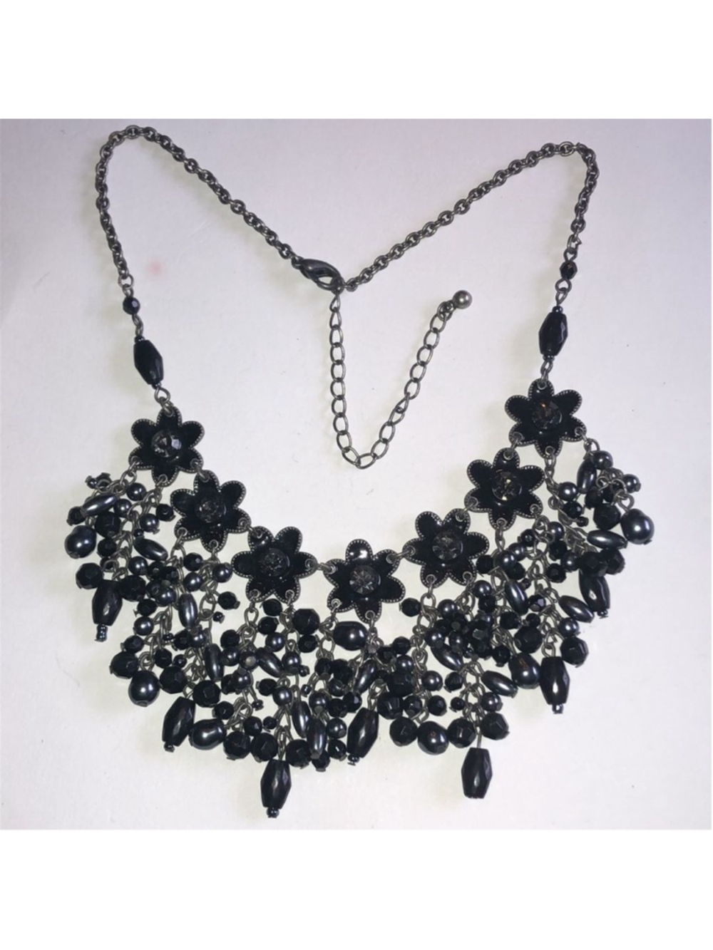 Gunmetal Gray Dark Black Metal Floral Beaded Boho Statement Necklace
